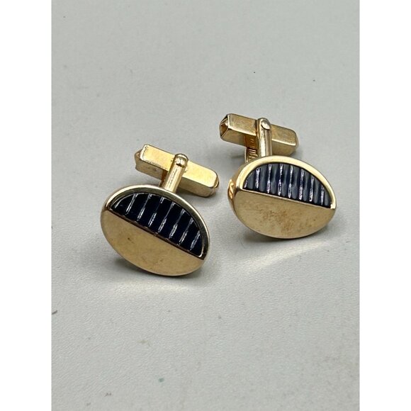 Vintage Swank Cufflinks Gold Tone Blue Textured Sides Mid Century Modern Design - Picture 6 of 8